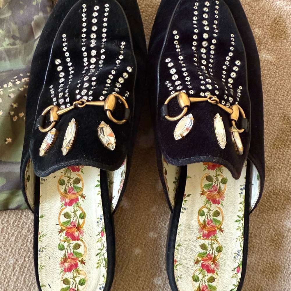 Gucci Black Velvet Princetown Horsebit Mike’s with crystal embellishes
